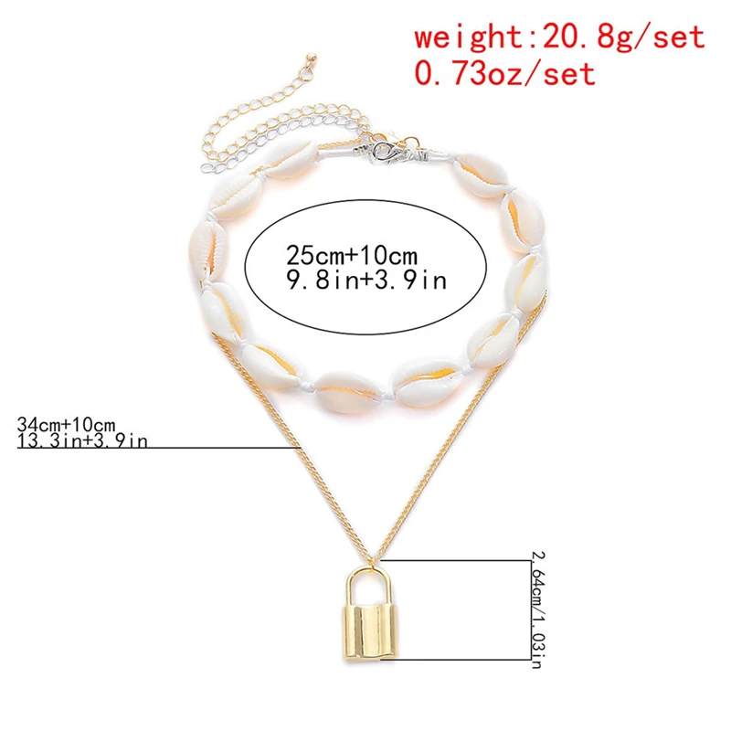 

Ailodo Boho Conch Shell Seashell Necklace Beach Multi Layer Gold Color Lock Padlock Pendant Choker Necklace Charm Women Jewelry