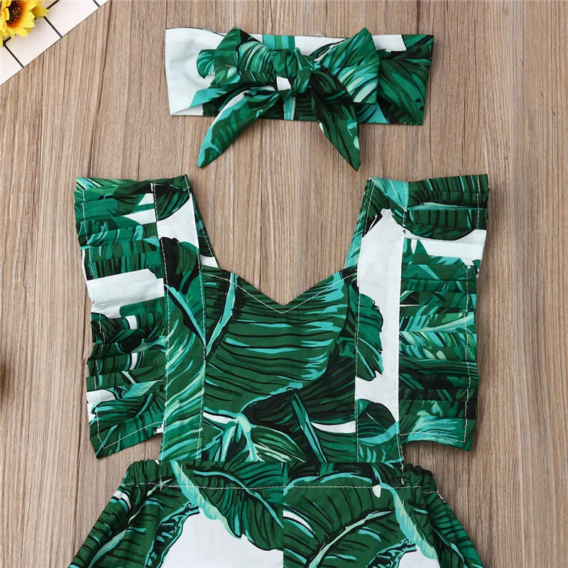 2pcs Baby Rompers Set Sleeveless Green Leaves Print Girls Outfits Toddler Hair Accessories Clothes | Детская одежда и обувь