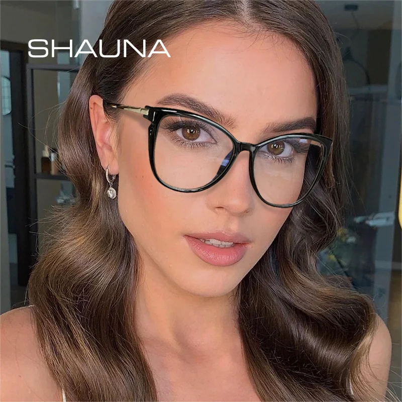 

SHAUNA Retro Cat Eye TR90 Metal Women Eyeglasses Frame Fashion Spring Hinge Clear Anti Blue Light Eyewear Men Optical Frame