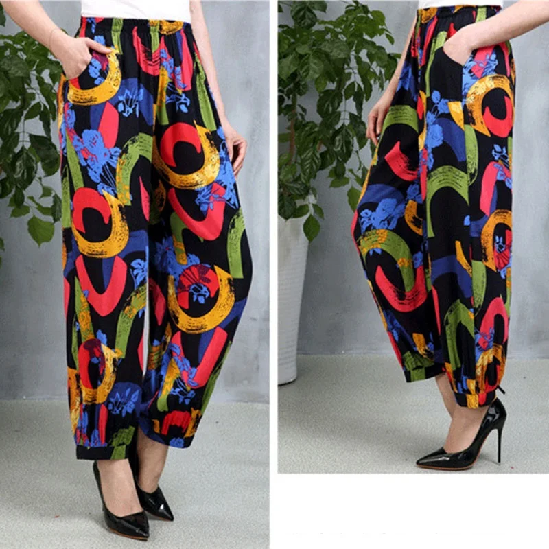 

5XL Plus Size Harem Pants Vintage Floral Printed Wide Leg Pants Summer Women Casual Linen Long Elegant Trousers Pantalon Femme