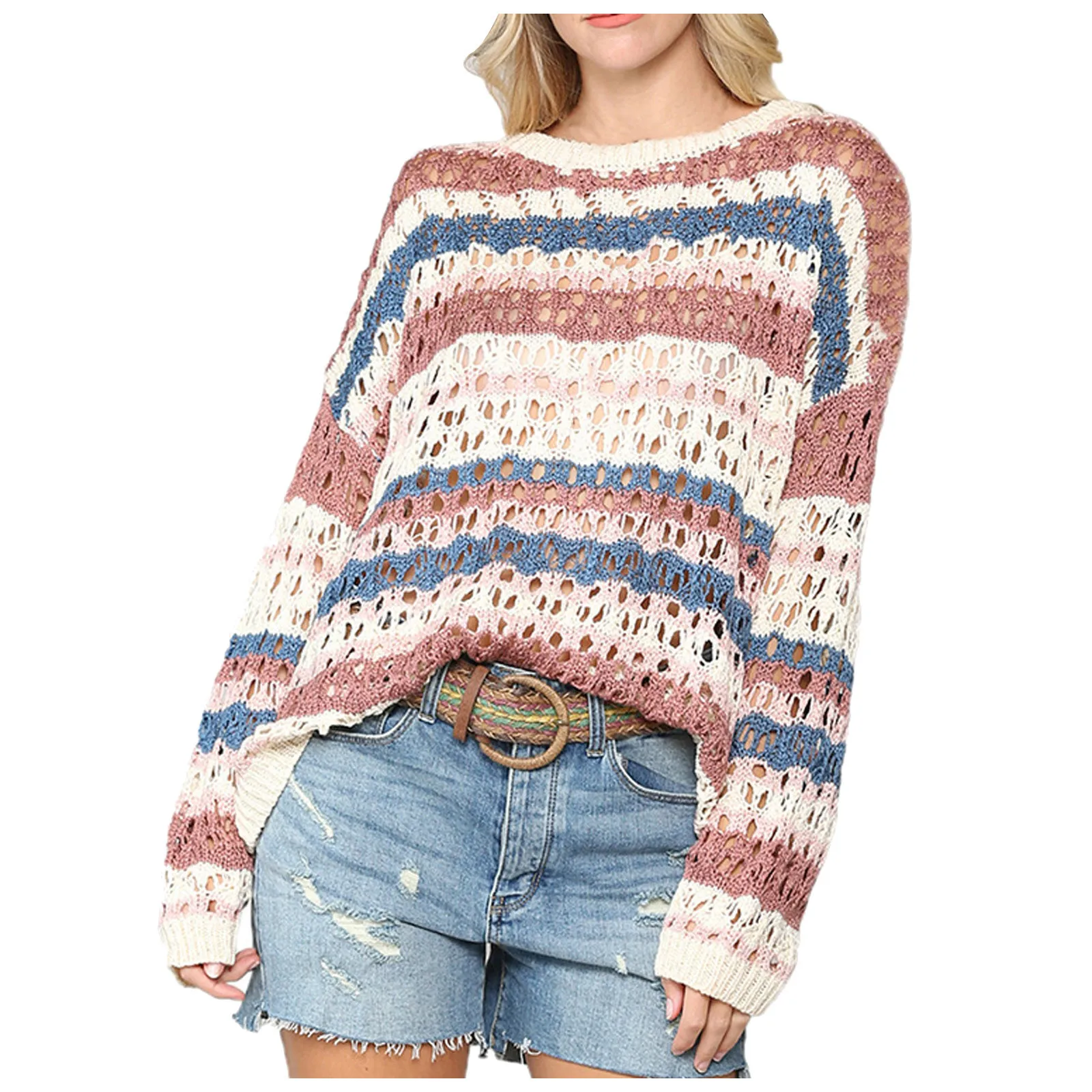 

Autumn Chic Hollow Out Sweaters harajuku Casual Loose Long Sleeve Striped Print Pullover Sweaters chaleco mujer