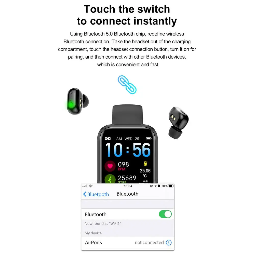 

Smart Watch Wireless Bluetooth Earphone 2 In 1 Bluetooth 5.0 Chip IP67 Waterproof Sport Smart Watch Earbuds Combo