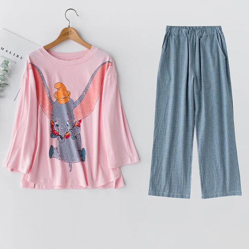 Pink Новинка; женская одежда для сна; комплект из 2 предметов; пижама с принтом слона из мультфильма; хлопковая теплая зимняя Пижама; 3 цвета; домашняя одежда; осенняя одежда - Цвет: Pink