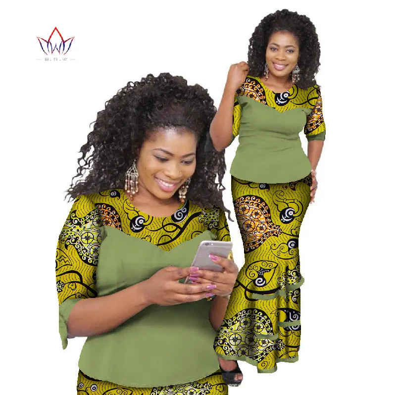 2020 Bazin Riche African Skirt Sets Wax Print Two Piece Set Africa Clothes for Women Traditional African Top And Skirt WY793