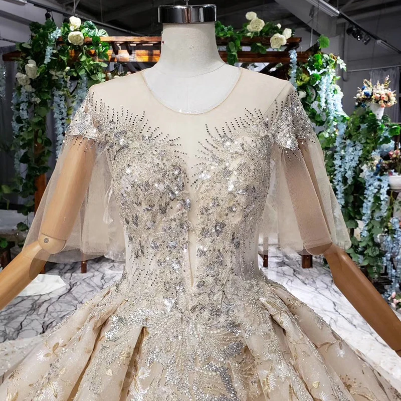 Женские свадебные платья HTL749 с о-вырезом и блестками коротким рукавом открытой