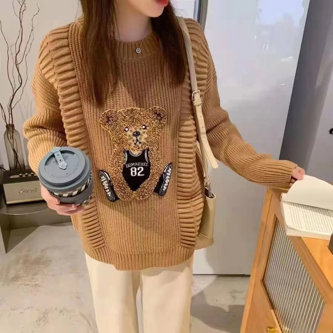 

2021 Autumn Winter New Tide Heavy Industry Cute Bear Knit Pullover Women Chic Ins O-Neck Long Sleeve Loose Mujer Street Knitwear
