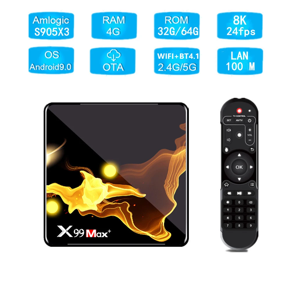 X99 MAX Plus 4GB 64GB Android 9.0 Smart TV Box Amlogic S905X3 Quad Core Dual Wifi BT H.265 8K 24fps Set top box Tvbox pk X96 Max on переводится как:X99 MAX Plus 4ГБ 64ГБ Android 9.0 Умный ТВ-бокс Amlogic S905X3 Quad Core Dual Wifi BT H.265 8K 24fps Верхня