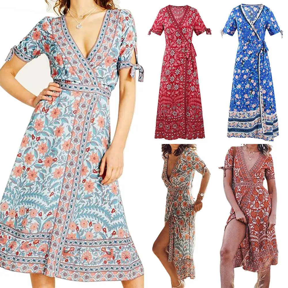 

Floral Printed Women V Neck Slit Hem Dress Vintage Style Female Summer Beach Sundress