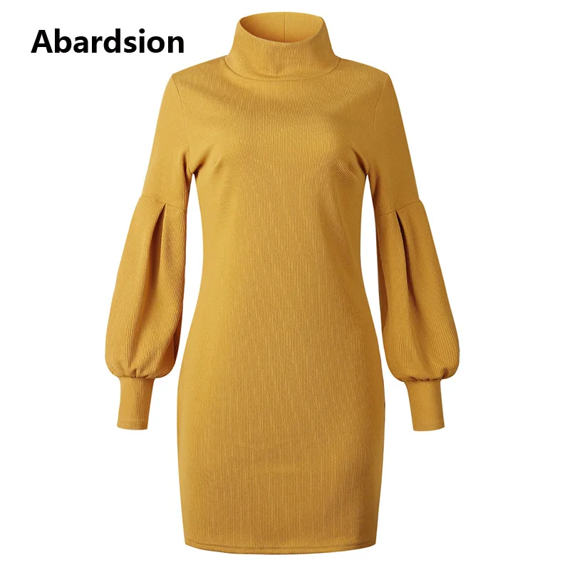 Abardsion Women Sweater Dress Autumn Winter Clothes 2019 Female Casual Loose Pink Puff Long Sleeve Turtleneck Knitted Dresses | Женская