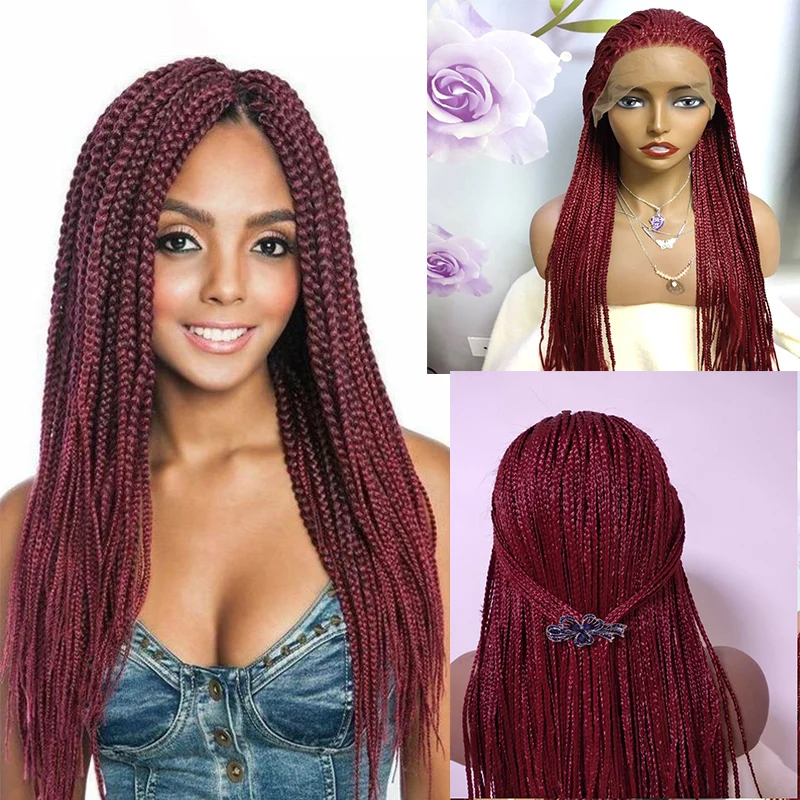 26 Inch Burgundy Color Long Synthetic Lace Front  Box Braided Wigs For Black Women 99j Braided Wig Heat Resistant Braiding Hair