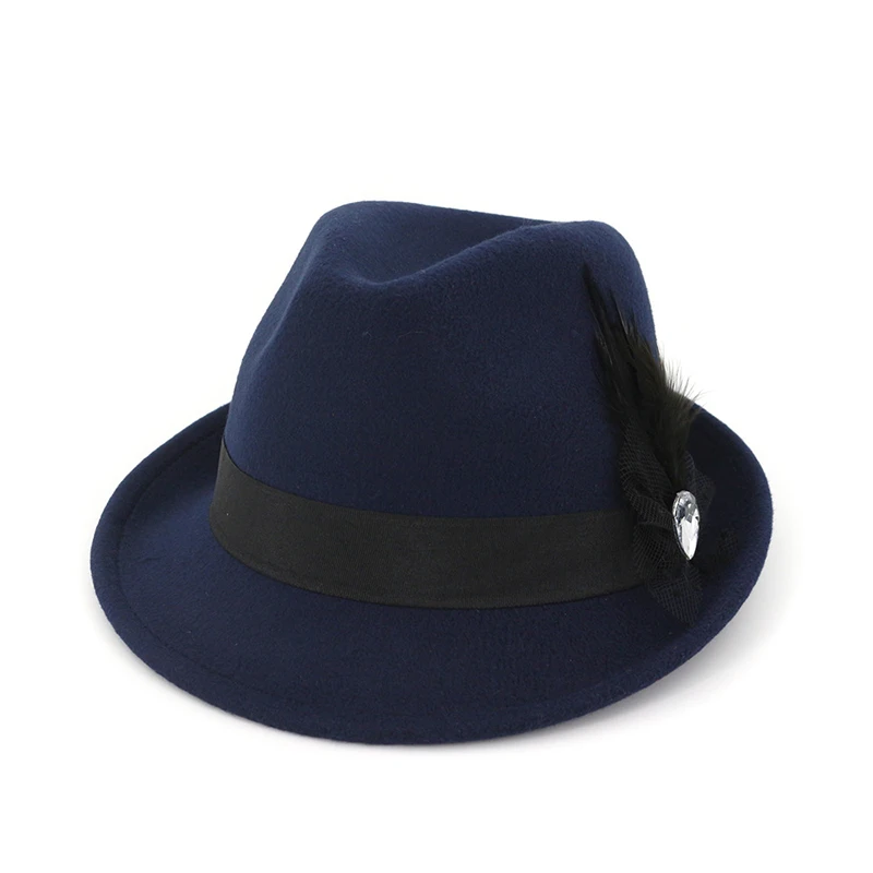 FS зима осень Fedora Шляпа черная для женщин мужчин боулинг, джаз шляпы сомбреро Mujer Трилби кепки свернутые короткие полями с перьевой лентой