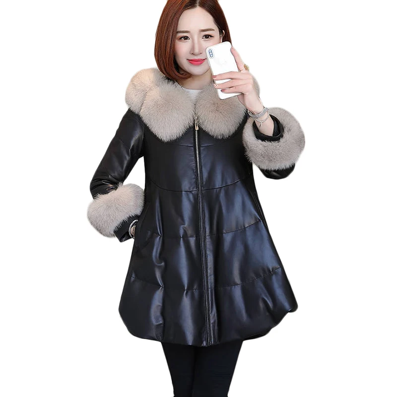 

New Winter Leather Jacket Women New Imitation Sheep Leather Coat Plus Size Hooded Fur Collar Parka Overcoat PU Leather Jackets
