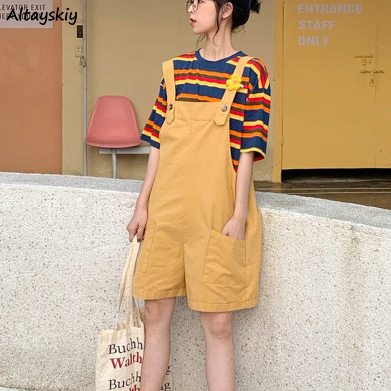

Women Rompers Solid Suspenders Safari Style Fashion Students Kawaii Sweet Ulzzang Streetwear All-match Loose Leisure Harajuku