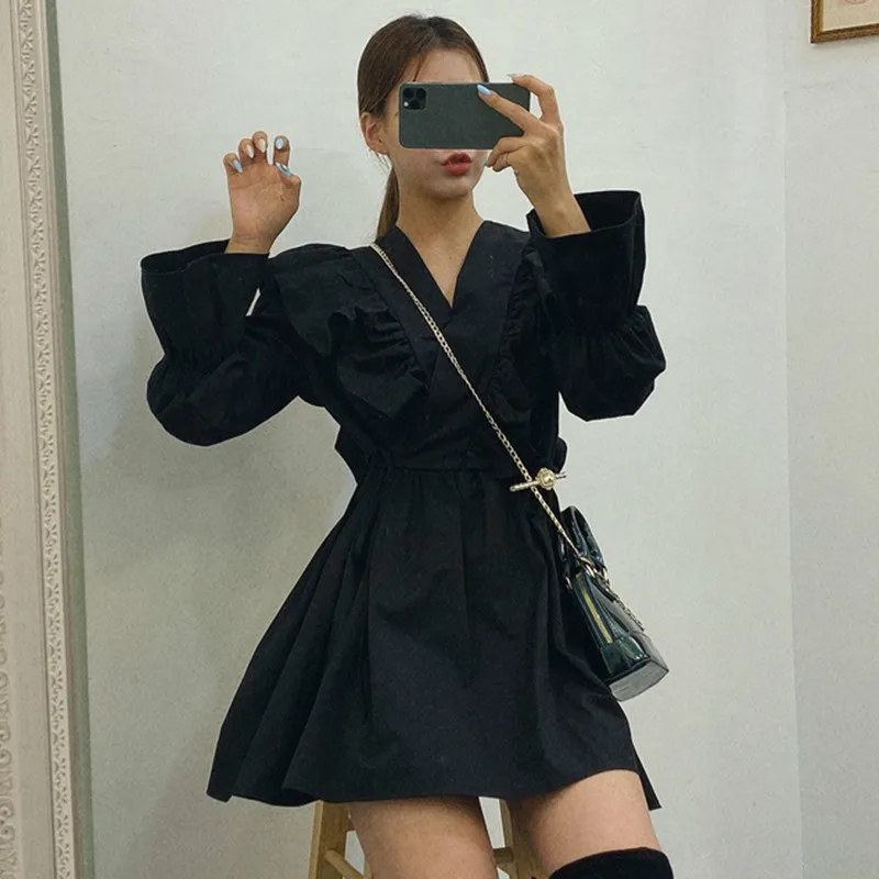 

Korean Fashion Women Mini Short Ruffles Dress Long Sleeves V Neck Solid Girls Dresses Chic Summer Spring Vestidos Slim 2021
