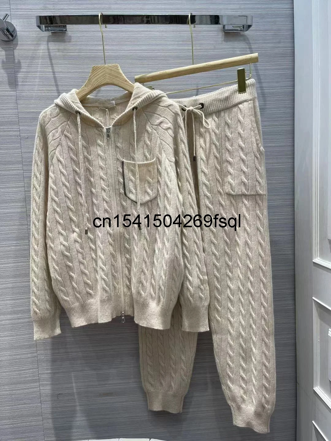 

New Autumn Winter Cashmere Knitted 2 Pieces Set Women Hooded Cardigan Sweater + Waist Elastic Long Pants 2021 Sweater Set Female