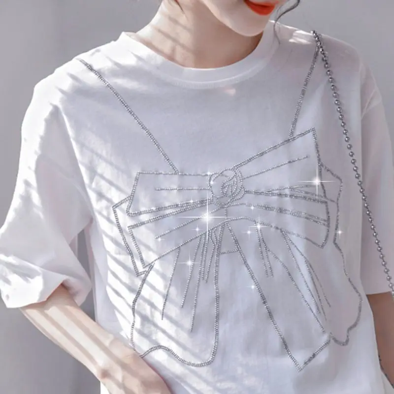 

Cotton 100% Women White T-Shirts Summer New Design 2021 O-Neck Bow Short-Sleeved Elegant Female Pulls Tops Tees