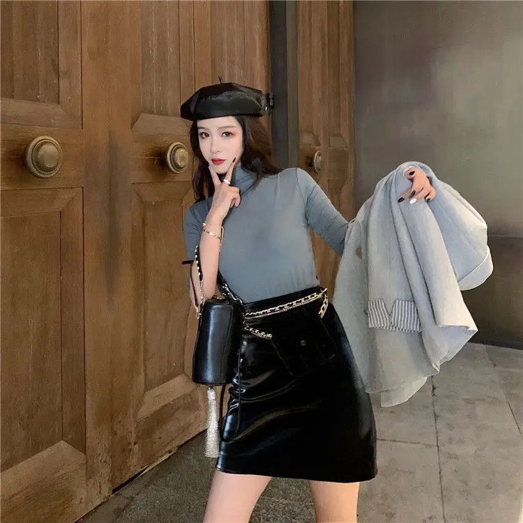 Модные однотонные юбки-карандаш из искусственной кожи на молнии с кольцом 2018