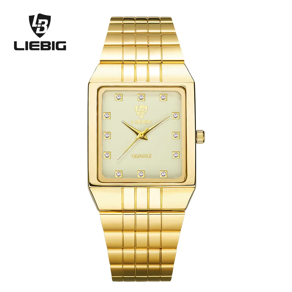 Couple Square Golden Watch Women Men Noble Quartz Wristwatch Waterproof Clock Backlight Stainless Steel Male Bracelet Lover 8808 prong setting women s watch men s watch fine couple s hours stainless steel bracelet clock full crystal gift royal crown box