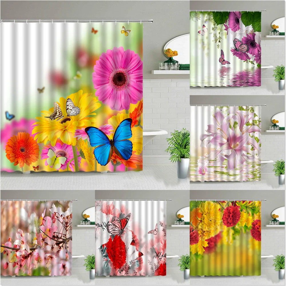 

Spring Natural Scenery Flower Butterfly Shower Curtains Beautiful Flowers Plant Bath Curtain Set Waterproof Home Bathroom Decor