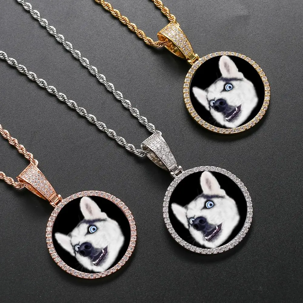 

Freewear Custom Photo Memory Medallions Solid Pendant Necklace AAA Cubic Zircon Round Pendant Tennis Chain Hip Hop Jewelry