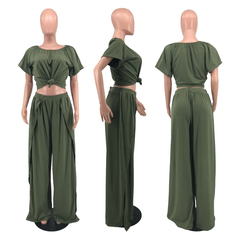 

A&BHelenss Summer Female Fashion Long Pants Two Piece Set Soild Push Size Lace-up Tops + Slit Pants Two-piece Set Women