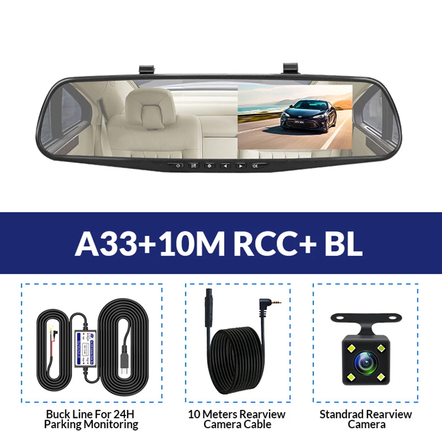 A33-10M RCC-BL E-ACE Зеркало для автомобиля Dvr 1080P FHD видеорегистратор 4,3 дюймов зеркало заднего вида двойной объектив видео регистратор с камерой заднего вида Dvrs - Название цвета: A33-10M RCC-BL