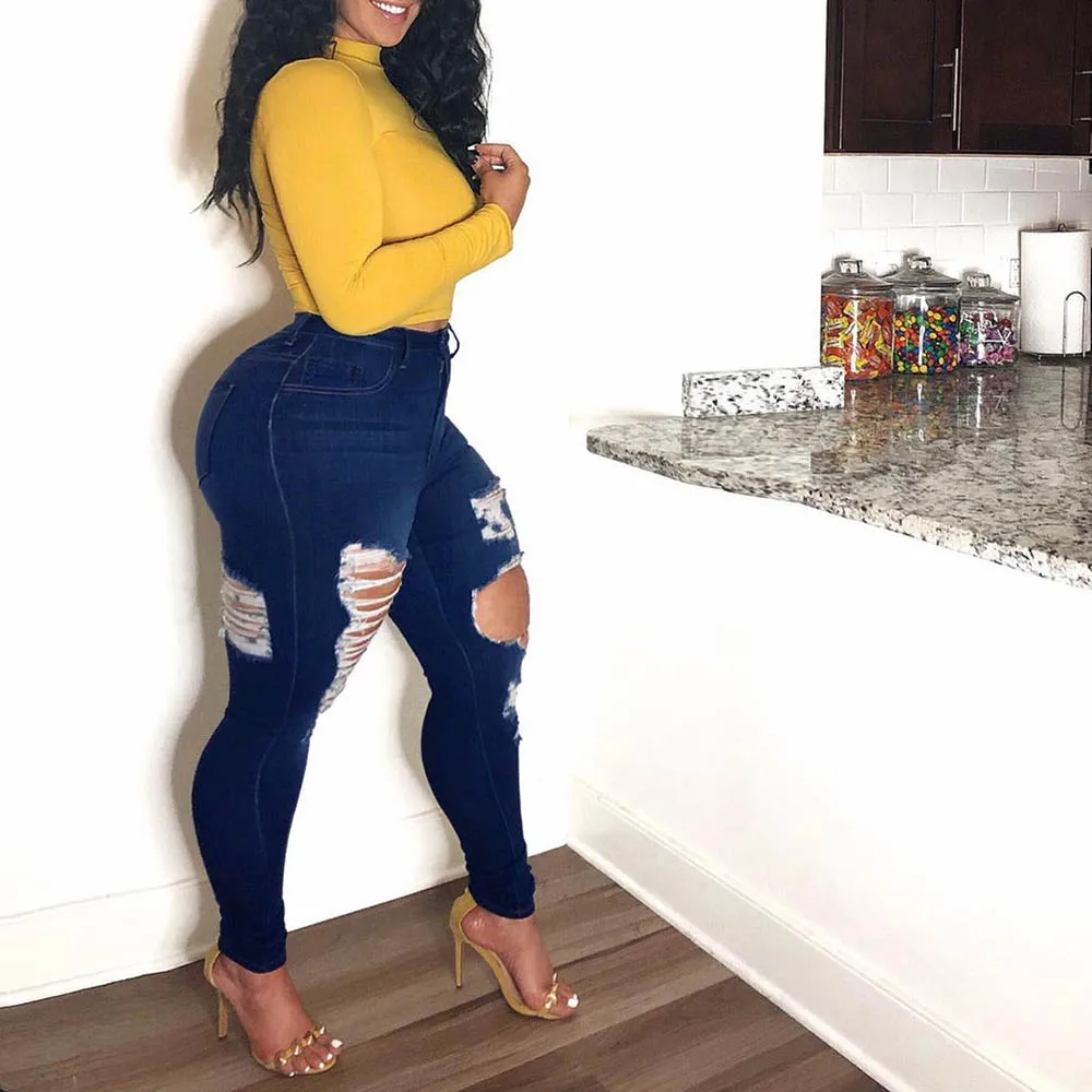 

Ripped Hole Women Jeans High Waist 2021 Plus Size African Style Denim Pants Fashion Zipper Pencil Pants Blue Trousers Casual
