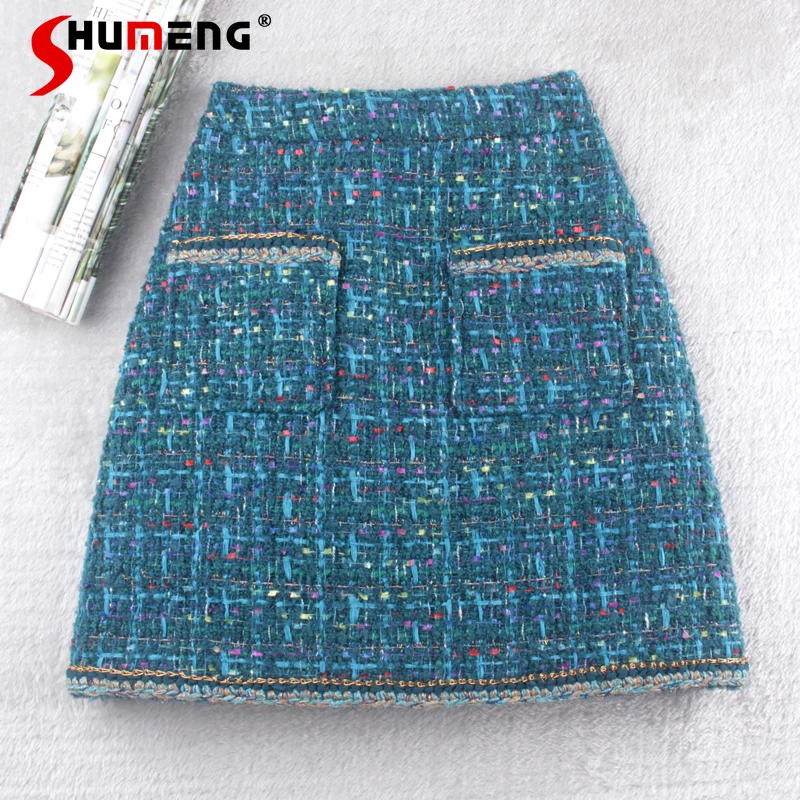 

Early Autumn Fashion Tweed Plaid Mini Skirt Women's 2021 New Temperament Blue Bright Silk High Waist A- Line short Skirt Female