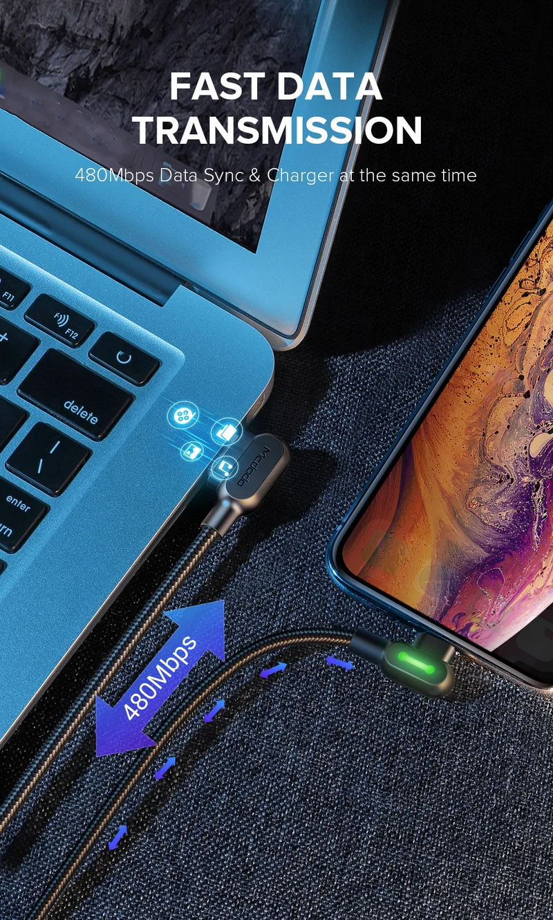 MCDODO 1,8 м светодиодный USB кабель для iPhone X 8 7 6 5 6s Быстрая зарядка USB кабель для передачи данных для iPhone 11 Pro XS MAX XR X Кабель зарядного устройства