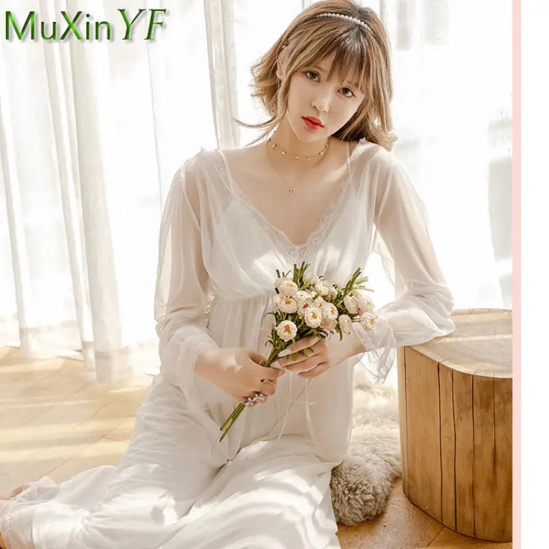 Summer Dress Women Sexy Lace Nightdress Pajamas Summer Long Can Drop Shoulders Two Wear Temptation Sleepwear Pijamas Homewear
