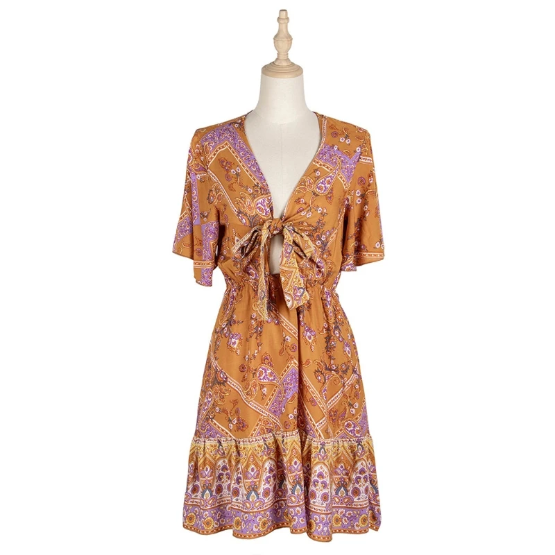 

Women Floral Printing A-Line High Waist Front Bow Tie Short Sleeve Flowy Dress