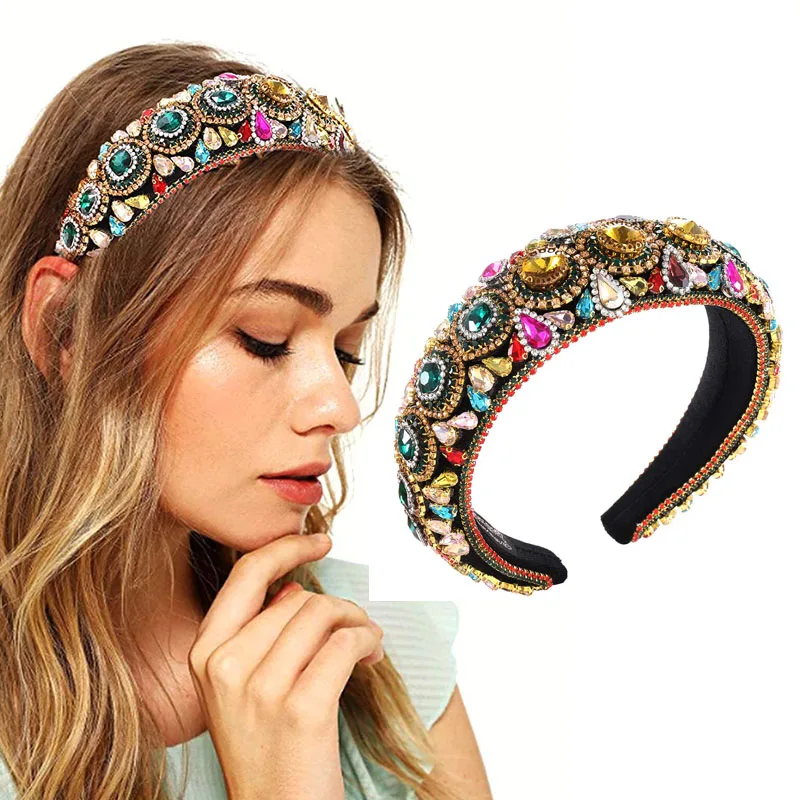 

Boutique Colorful Rhinestone Headbands For Women Padded Luxury Crystal Baroque Hairband Head Hoop Bands Party Hair Accessories