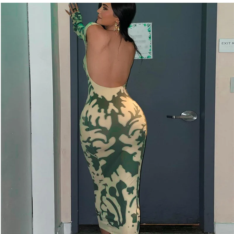 

WJFZQM Fashion Round Neck Vintage Print Long Dress Women Sexy Backless Long Sleeve Women Holiday Evening Party Wear 2021 Autumn