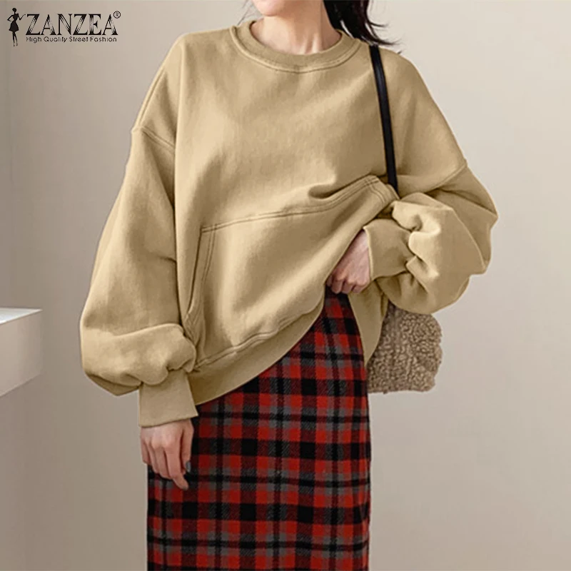 

Women Oversize Long Sleeve Tops Autumn Winter Warm Hoodies ZANZEA O Neck Sweatshirt Caual Pullover 2022 Fashion Solid Sweatshirt