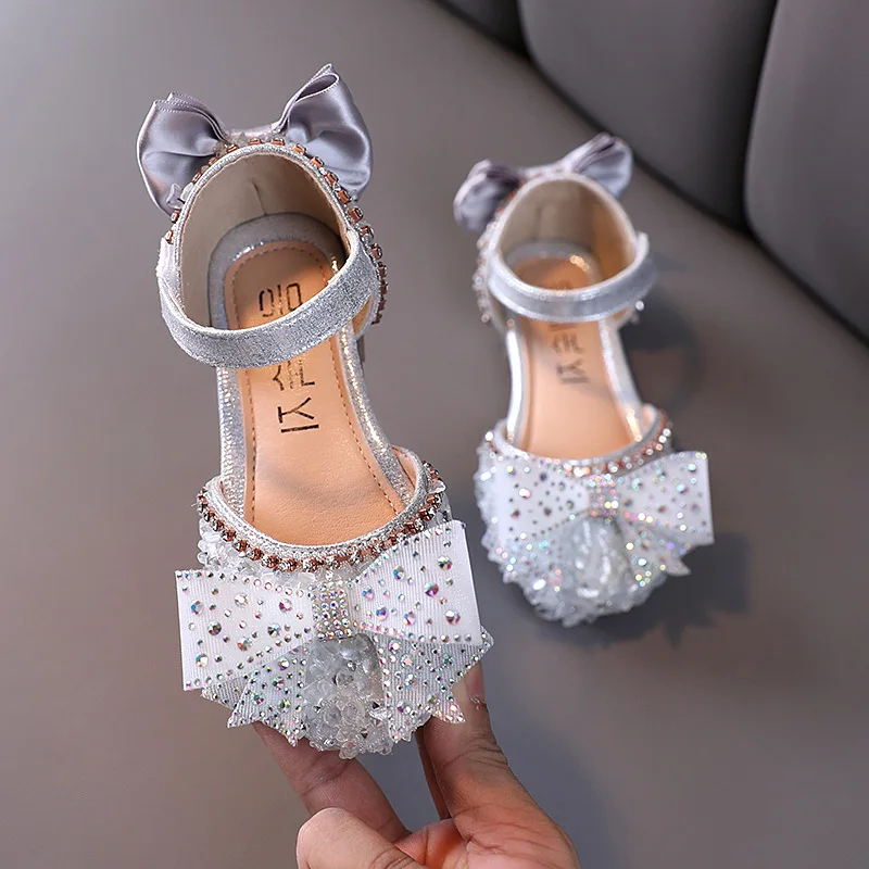 

2022New girls dance Performance shoes Rhinestone Crystal sandal kids Princess Shoes for wedding party pink silver black