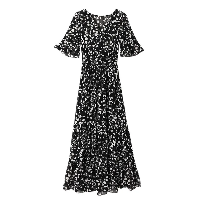 

GOOHOJIO 2021 Summer New Vacation High Waist Women Dress Floral V-neck Puff Sleeves Dresses Women Temperament Dress for Ladies