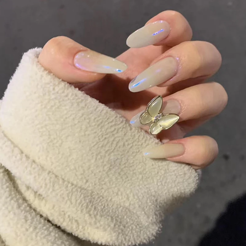 

24 шт., накладные ногти с клеем, белый Blu-Ray Kingdee Wear, длинный абзац, модный маникюрный пластырь, накладные ногти, пресс на ногти, дизайны DL