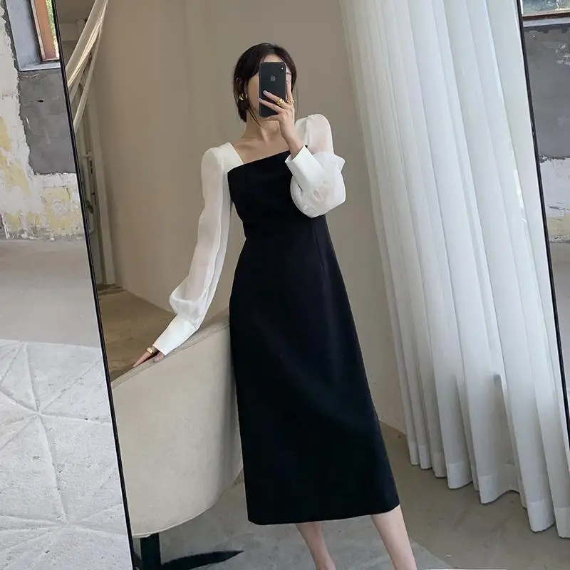 

CGC 2021 элегантное французское винтажное летнее женское платье повседневное сращивающееся платье средней длины с длинным рукавом пикантное ...