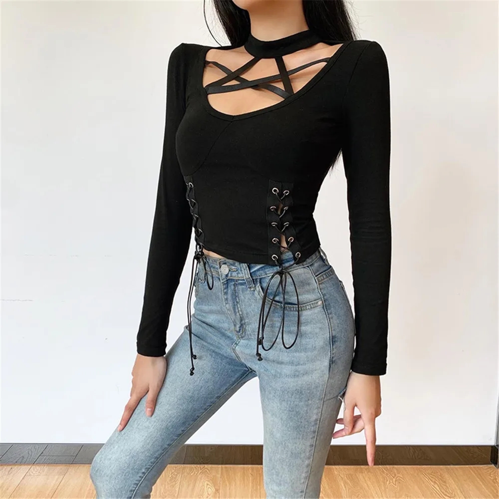 

Women's Lace Up Crop Top Sexy Long Sleeve Criss Cross Scoop Neck Slim Fit Tee Shirt Short Tunic Blouse Clubwear Streetwear
