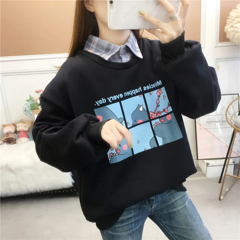 

2020 New Autumn And Winter Mock Two - Piece Loose -Fit Lapel Color Panel Thick Fleece -Lined Hoodie Women 's