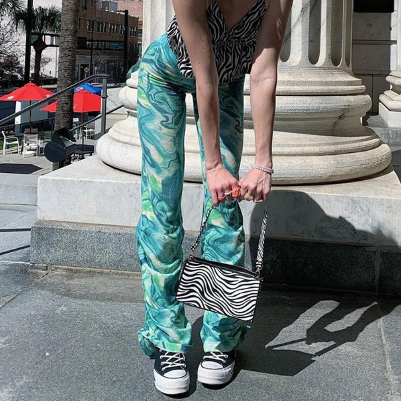

High Waist Baggy Trousers y2k Aesthetics Casual Fashion Tie Dye Ripple Print Ruched Green Stacked Pants 2021 Women Streetwear