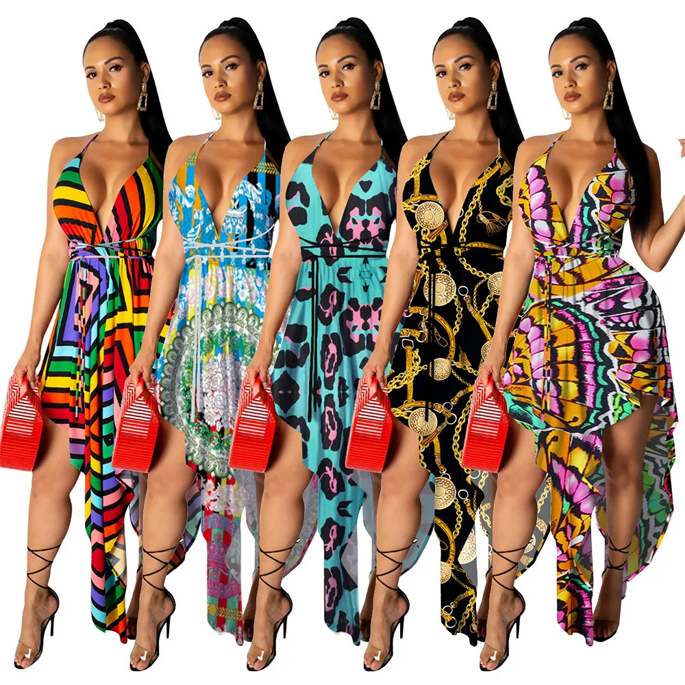 

Bohemian Print Irregular Dress Women 2021 Summer New Halter V Neck Sleeveless Elegant Beach Club Party Sexy Dresses