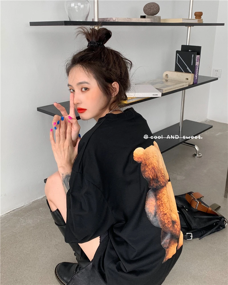 

Loose Retro Cute Cartoon Bear Ins Print T-shirt