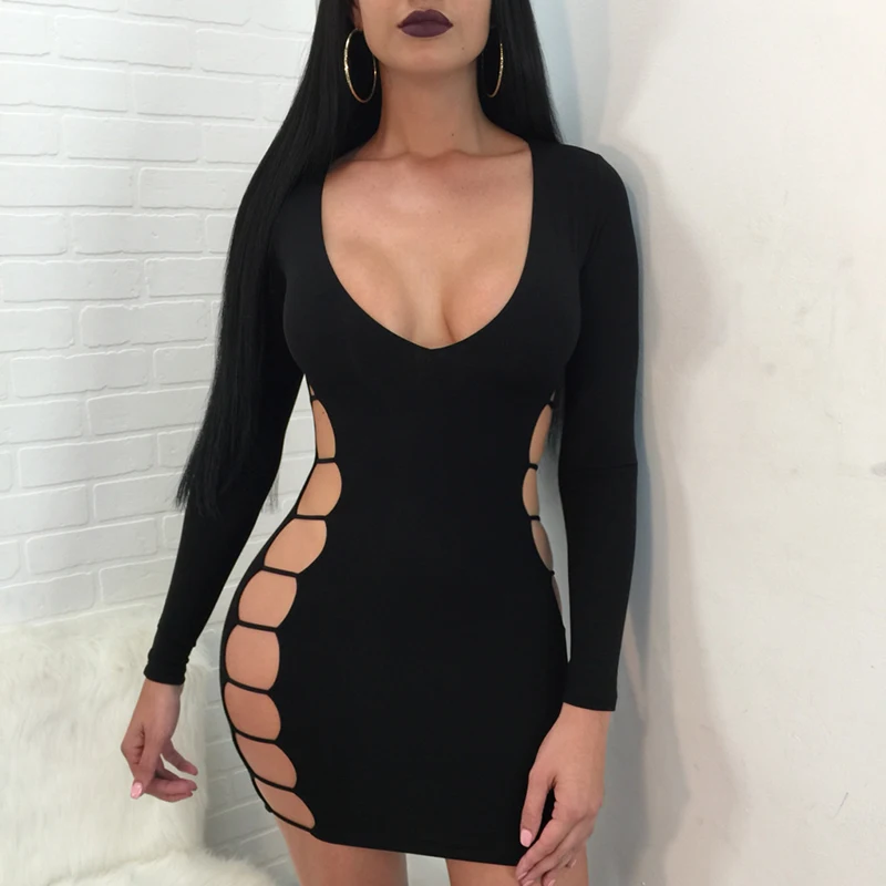 

Summer Sexy Slim Side Hollow Out Long Sleeve Mini Dress Women Night Clubwear Bodycon Party Club Dresses 2021