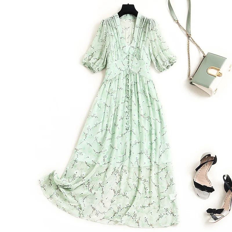 

100% шелковое летнее платье, 2021 Цветочные Длинные платья для женщин, повседневное корейское модное платье, женское элегантное платье, Pph4570