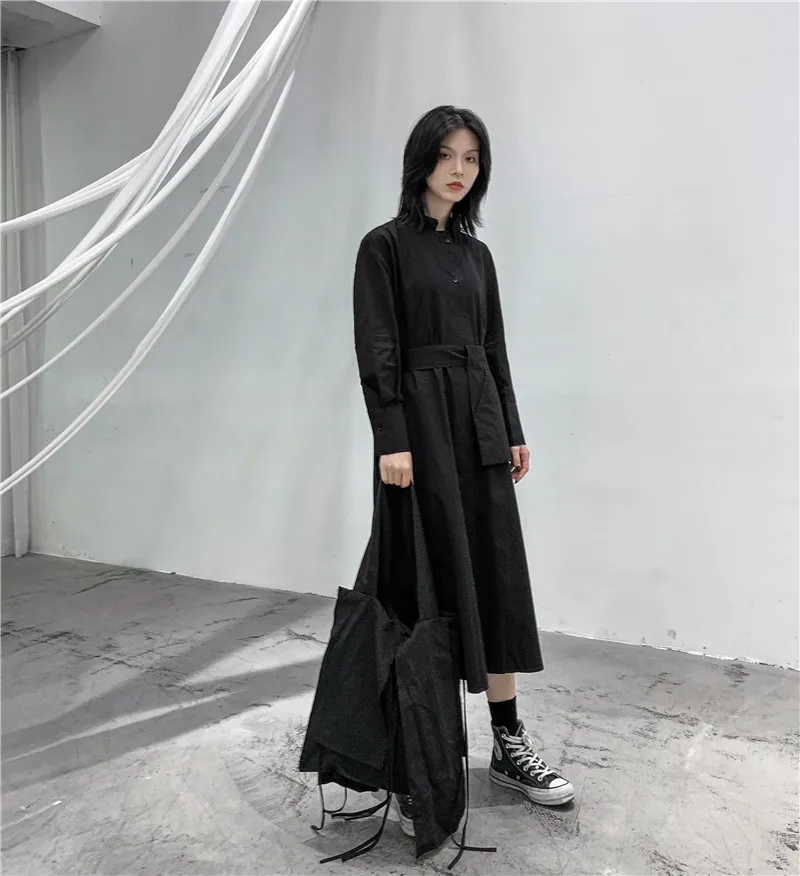 

Брендовый дизайн, Осеннее женское длинное платье, Хлопковое платье на пуговицах с карманами, платье-рубашка, готическое Платье макси с длин...