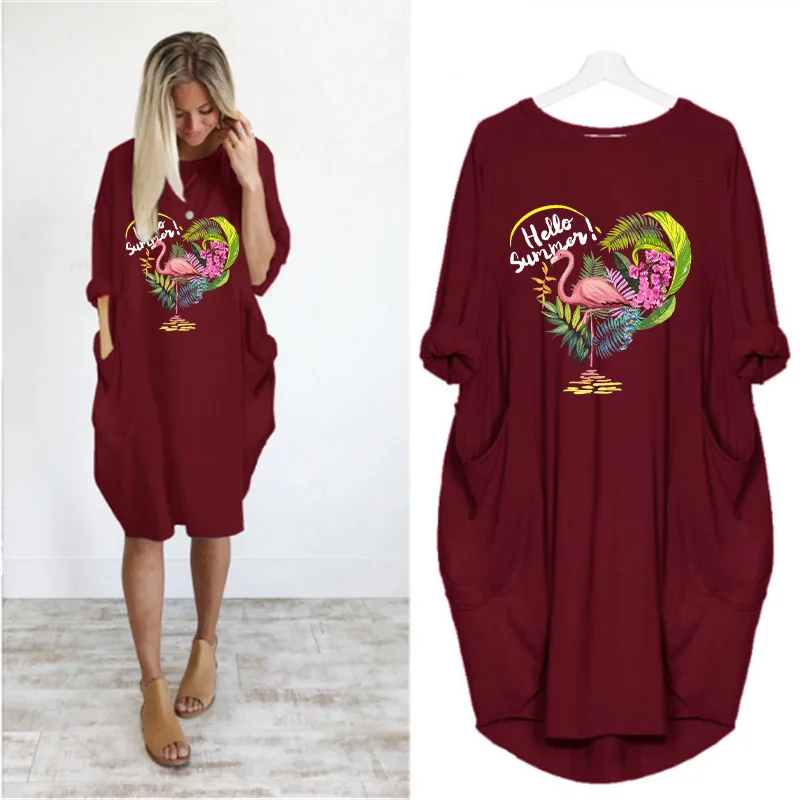 

Knee-Length Dress Pink Birds Print Long Sleeve O Neck with Pocket Casual Woman Dresses Vintage Robes New Vestidos Mujer Verano