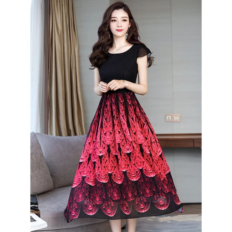 

Women's Printed Dress in the Long Section Of the Slim Slimming Big Swing Skirt Beach Skirt Red XXXL Size