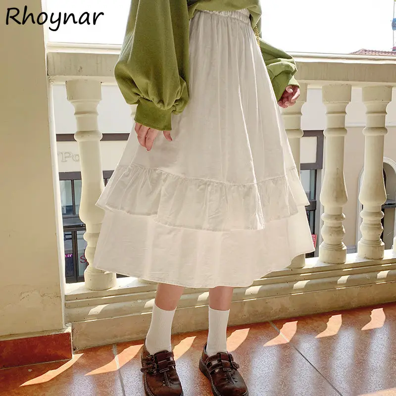 

Ruffles Skirts Women Korean Style Tender Girls Chic Solid Simple All-match Spring High Waist Leisure Ins Teens Midi Faldas Mujer