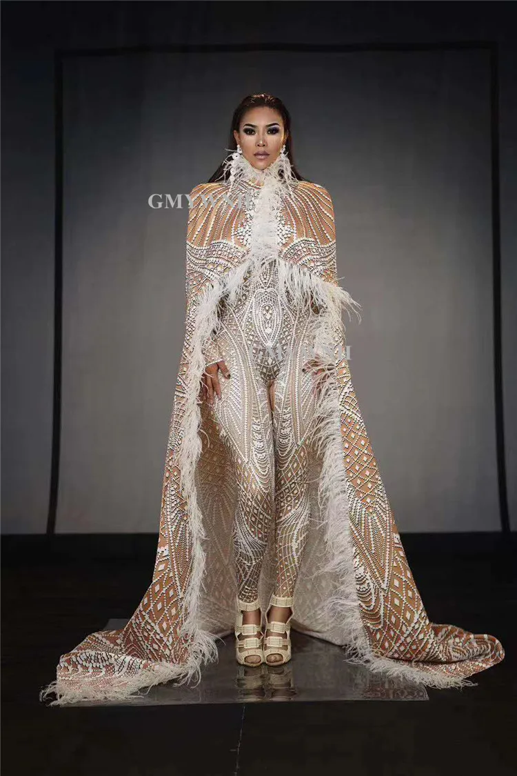 A25 женский певец сценический танцевальный плащ с принтом комбинезон перьями